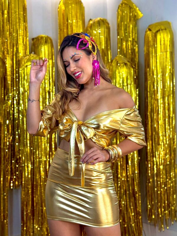 Conjunto Feminino Blusa Lamê e Saia Lamê Dourado Carnaval Glam