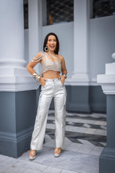 Conjunto Feminino Cropped Mula Manga em Strass + Calça Cargo Prata Carnaval Glam