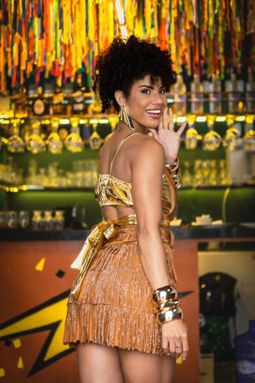 Conjunto Blusa Multiformas + Saia com Franjas Dourada Carnaval Glam