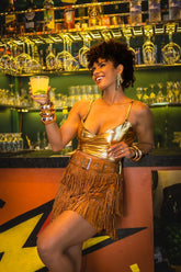 Conjunto Blusa Multiformas + Saia com Franjas Dourada Carnaval Glam