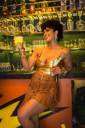 Conjunto Blusa Multiformas + Saia com Franjas Dourada Carnaval Glam