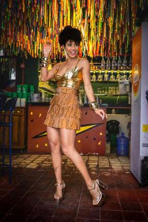 Conjunto Blusa Multiformas + Saia com Franjas Dourada Carnaval Glam