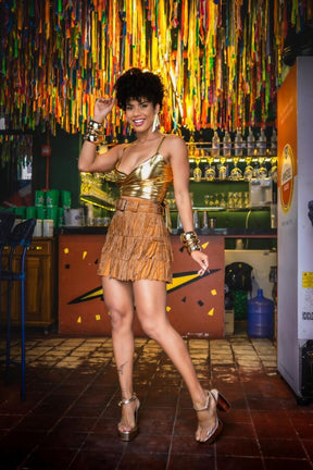 Conjunto Blusa Multiformas + Saia com Franjas Dourada Carnaval Glam