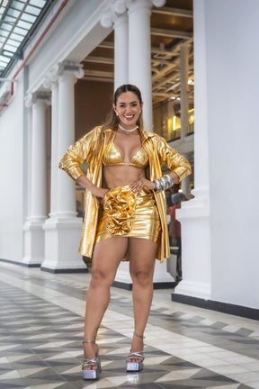 Conjunto Feminino Top Cortininha Fio + Saia Micro Tubo Cirrê Dourada Carnaval Glam