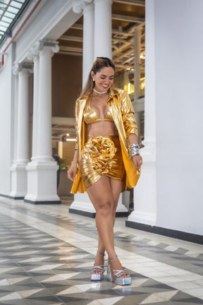 Conjunto Feminino Top Cortininha Fio + Saia Micro Tubo Cirrê Dourada Carnaval Glam