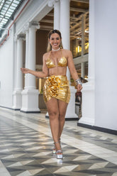 Conjunto Feminino Top Cortininha + Saia Lamê Flor Dourada Carnaval Glam