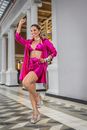 Conjunto Feminino Top Cortininha Fio e Saia Lamê Flor Pink Carnaval Glow