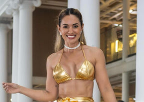 Conjunto Feminino Top Cortininha Fio + Saia Micro Tubo Cirrê Dourada Carnaval Glam