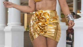 Conjunto Feminino Top Cortininha + Saia Lamê Flor Dourada Carnaval Glam