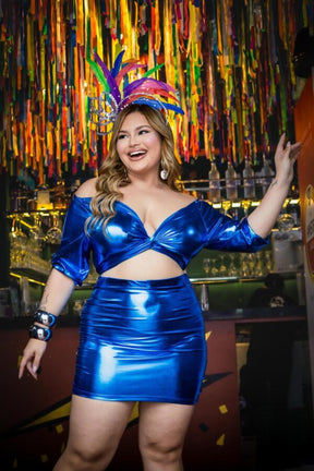 Conjunto Feminino Top + Saia Lamê Azul Carnaval Glam