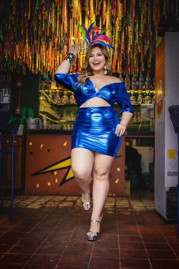 Conjunto Feminino Top + Saia Lamê Azul Carnaval Glam
