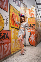 Conjunto Feminino Paetê Flocão Prata Urban Glow Carnaval