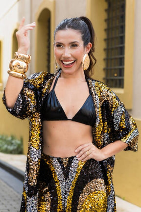 Kimono Feminino Paetê Luxo Dourado Carnaval Statement