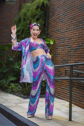 Conjunto Feminino Calça Paetê Estampa Ondas & Top Carnaval Glow