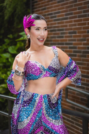 Conjunto Feminino Calça Paetê Estampa Ondas & Top Carnaval Glow