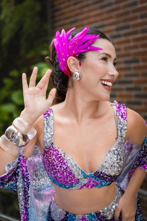 Conjunto Feminino Saia Paetê Curta Estampa Ondas & Cropped Carnaval Glow