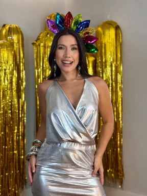Look Completo Silver Glow Glam – Conjunto Metalizado Prateado Carnaval