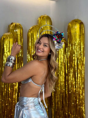 Conjunto Feminino Lamê Prata Carnaval Glam – Top + Saia