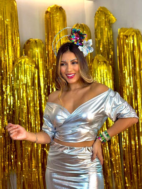 Conjunto Feminino Blusa Lamê Prata + Saia Lamê Carnaval Glam