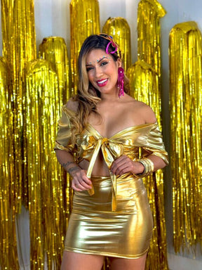 Conjunto Feminino Blusa Lamê e Saia Lamê Dourado Carnaval Glam