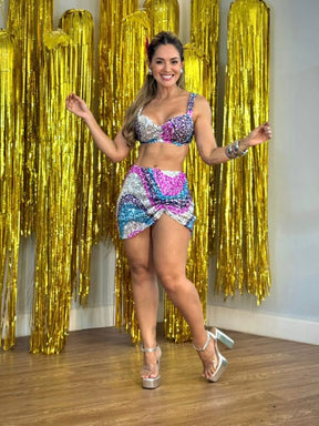 Conjunto Feminino Saia Paetê Drapeada & Top Estruturado Carnaval Glow